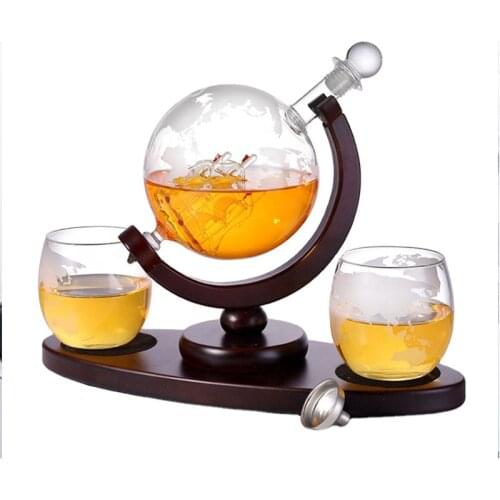 Whiskey Decanter Globe Set with 2 Etched Wine Glass & Oval Solid Wood Tray Vodka Decanter Excellent Party Bar Drinkware Man Gift