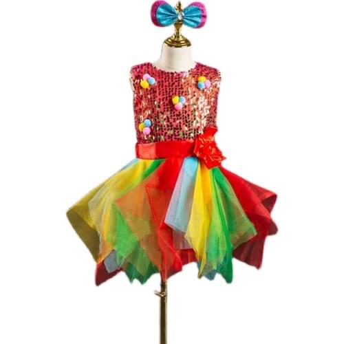 Red Puffy Dress For Girls Multicolored Sequins Dance Dress Sleeveless School Stage Costume Festival Dance Clothes Girls