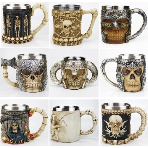 Stainless Steel Skull Mug Contain Viking Skeleton Death Grim Knight Gothic Design Coffee Beer Tankard Mugs BEST Halloween Gift