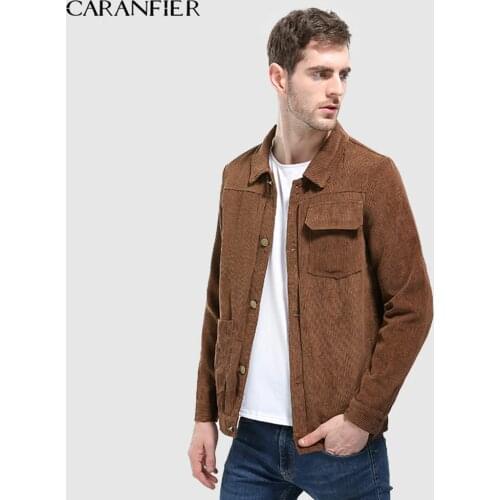 CARANFIER Mens Jackets Fashion All-Match Solid Pockets Stripe Outerwear Autumn Loose Corduroy Style Men Jacket Causal Male Coats