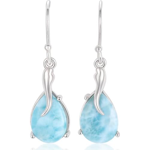 New Fashion Women Streamlined Long 925 Sterling Silver Jewelry Girl Natural Precious Larimar Earrings