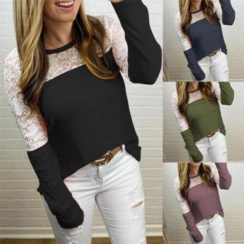 New Autumn Women Solid Tops Chic Blusa Casual Fashion O-Neck Lace Patchwork Tee Hollow Out Long Sleeve Blouse Lady Shirt