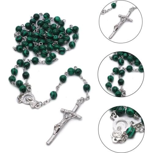 Deep Green Catholic Unisex Fashion Women Gift Men Cross Pendant Malachite Rosary Necklace Round Natural Stone