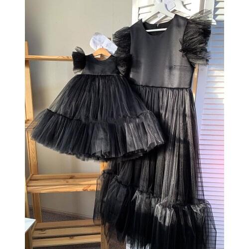 Black New Cute Baby Girl Dress Tulle Satin O Neck Tea Length Flower Girl Dress Child Birthday Pageant Gown