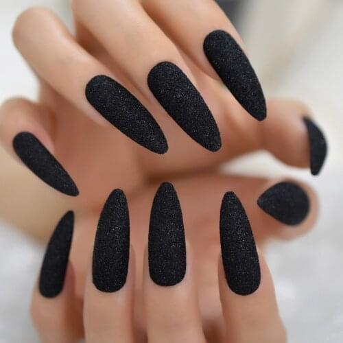 Plain Black Glitter Deco Press on False Nails Extra Long Stiletto Pointed Fake Fingersnails Free Adhesive Tapes Sticker