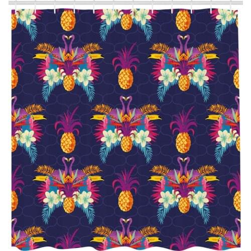 Multicolor Tropical Shower Curtain Vivid Tropical Seamless Pattern Flamingos Flowers and Pineapples Art Print Decor Bathroom