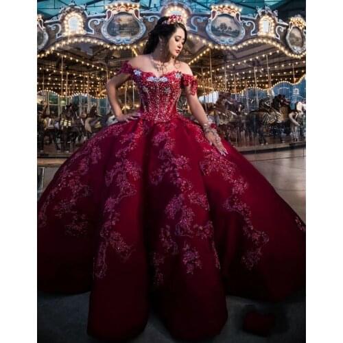 Luxury Dark Red Quinceanera Dresses Lace Appliques Off the Shoulder Beaded Charro Sweet 16 Dress Ruffles vestidos de 15 años