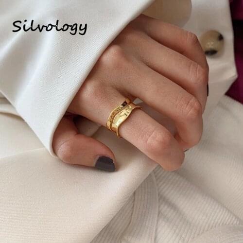 Silvology 925 Sterling Silver Wave Curve Rings Gold Color Irregular Elegant Double Layer Elegant Rings for Women Party Jewelry