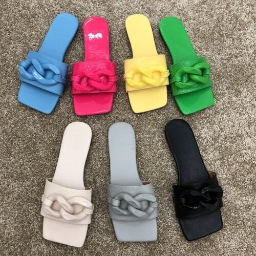 SUOJIALUN Fashion Brand Women Slippers Fashion Candy Colors Buckle Square Toe Flat Casual Slide Ladies Summer Beach Flip Flops