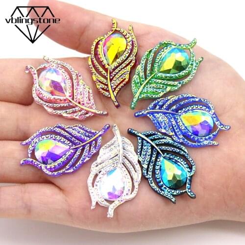 10Pcs Rhinestones Feathers Flat Back Rhinestone For Clothes Peacock AB Crystals Leaf Resin Strass For Wedding Dresses DIY Crafts