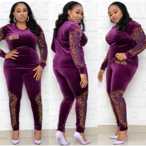 Loose Velvet African Sets For Women Long Sleeve Beading Sequined African Elastic Bazin Baggy Pants Rock Style Famous Suit