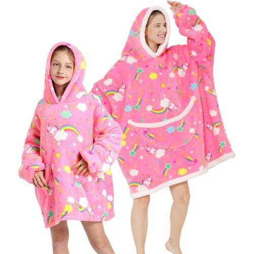 Oversized Hoodies Sweatshirt Family Matching Homewear Adult Kids Fleece Sherpa Blanket Unicorn Hood Blanket Women Girl Warm Coat