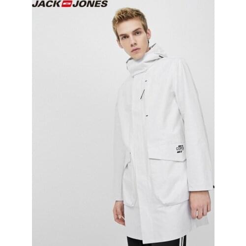 JackJones Mens Mid-length Hooded Stand-up Collar Sporty Casual Pure Color Trench Coat|220121504