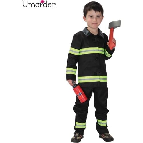 Umorden Child Green Brave Firefighter Costumes Little Fireman Costume Uniform for Boys Halloween Carnival Party Cosplay for Kids