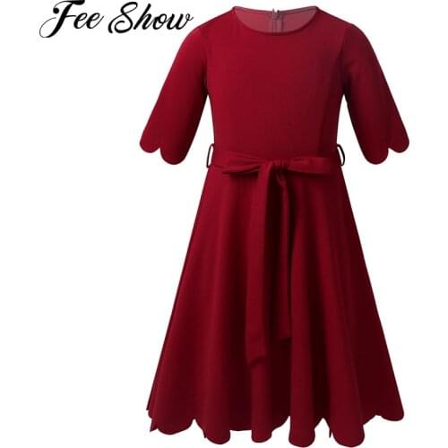 Spring Autumn Girls Dresses Casual Scalloped Edge A-line Belted Princess Dress Toddlers Kids 3/4 Sleeve Dress Children Clothing