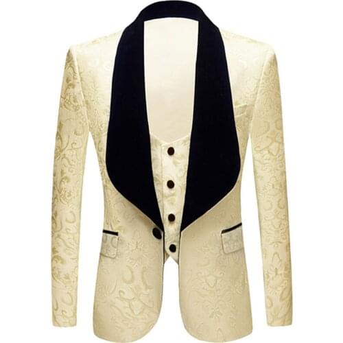 Yellow Jacquard Blazer 2 Piece Vest Blazers Men Casual Slim Shawl Lapel Suit Wedding Stage Singer Performance Costume Homme