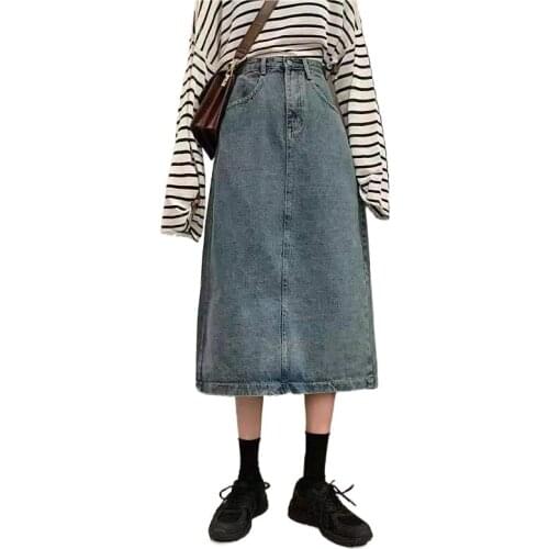 Spring 2021 Woman Midi Denim Skirts Fashion High Waist A-Line Black Split Skirt Woman Vintage Blue Jeans Skirt