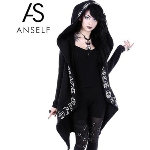 Anself Women Gothic punk Hooded Sweatshirt Plus Size Cotton Loose Moon Plain Print Long Coat zip up Hoodie black Hoodie Top 2021
