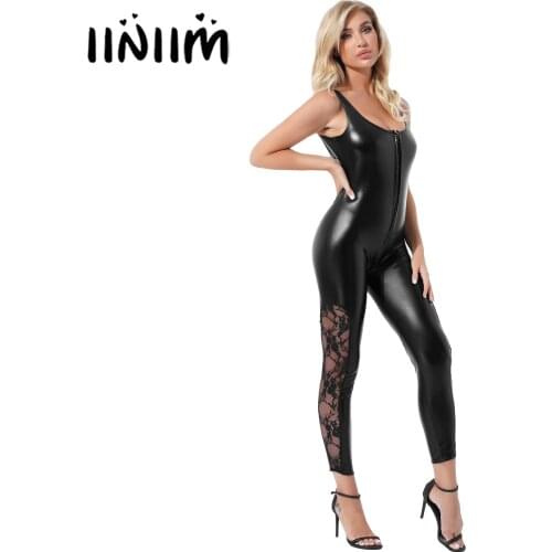 Womens Wet Look Patent Leather Zipper Jumpsuits Clubwear See-through Floral Lace Patchwork Pants Sleeveless Unitard Catsuit