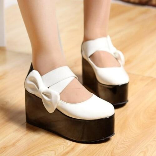 US4-11 Womens Round Toe Platform Bowknot Cross Elastic Band Pumps Lolita Wedge High Heel Shoes Plus Size Black White C450