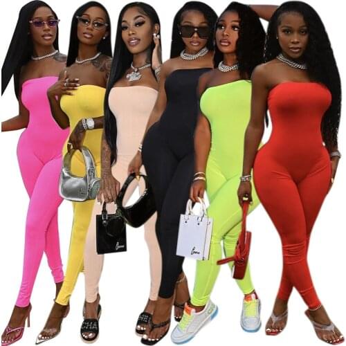 Neon Color Women Fitness Elastic Long Jumpsuit Summer Outfits Activewear Off The Shoulder Strapless Backless Bodycon Overalls