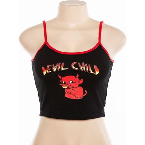 Hot Women Spaghetti Strappy Tank Crop Top Summer Backless Slim Camisole Streetwear Tops Ladies Sexy Demon Print Sling Vest