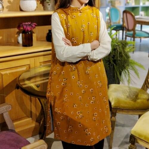 Johnature Women Vintage Long Vests Coats Cotton Stand Sleeveless Print Floral Plus Cotton 2020 Autumn Button Chinese Style Vests