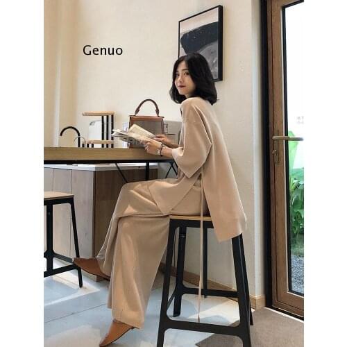 Knitting Sweater Pantsuit Women Two Piece Set Knitted Pullover Suits Long Sleeve V-neck Bandage Top Wide Leg Pants Suit Women