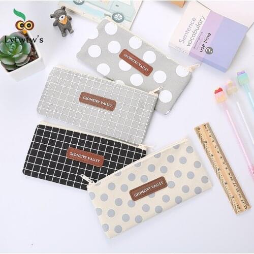 1 Pieces Lytwtws New Dot Grid Pen Pencil Bag Canvas School Stationary Receive Black Tools Makeup Pouch Cosmetics Case