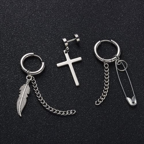 1PC Punk Cross Feather Leaves Pendant Earrings Women Men Stainless Titanium Steel Stud Earring Pop Hip Hop Ear Jewelry Gifts