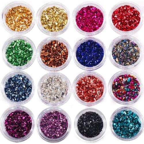 16 Boxes/ Set Nail Art Decorations Crushed Glass Irregular Metallic Chip Glitter Chunky Multicolorfor Diy Nail Craft
