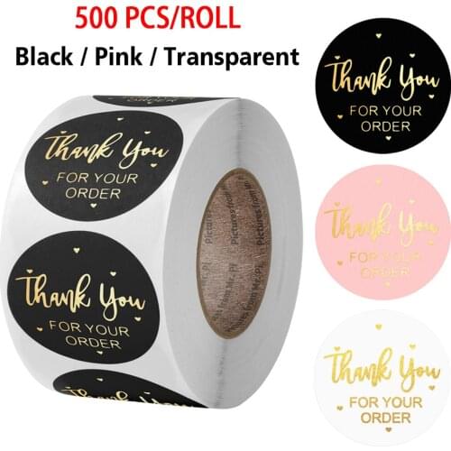 500 Pcs Round Cute Pink Black Thank You for Your Order Stickers Handmade seal Labels Sticker Christmas Stationery Sticker Rolls