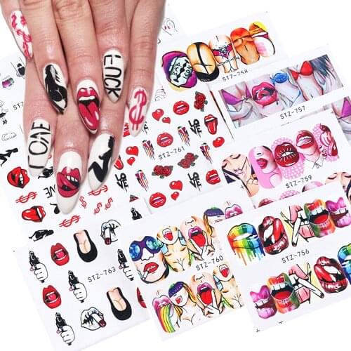 9pcs Sexy Girl Lips Slider Water Decals Nail Sticker Water Transfer Tattoo Wraps Adhesive Tip Manicure Decoration JISTZ756-765