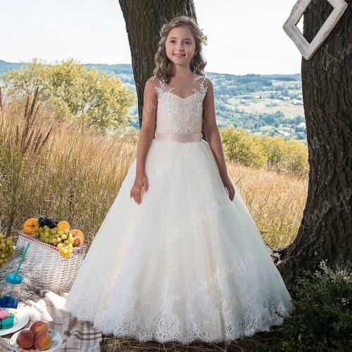 Amaya Champagne Sleeveless Flower Girl Dresses for Wedding Lace Appliques First Communion Gowns Puffy Bow Sashes Kids Prom Dress