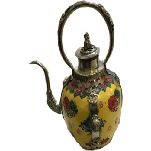 Antique white copper, Miao silver, porcelain inlaid, lion water pot, teapot, wine pot, furniture ornament