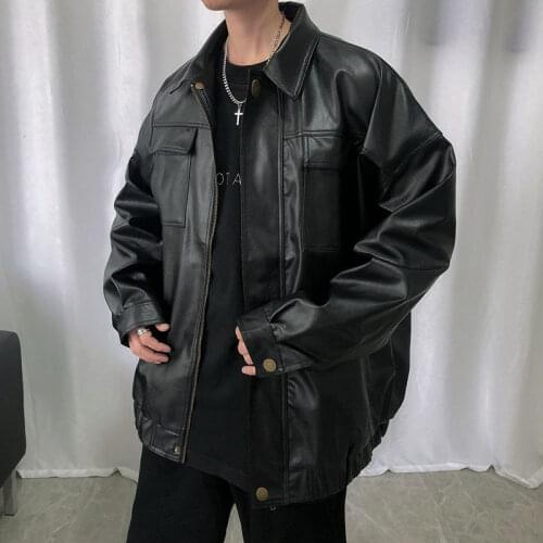 PU Leather Jacket Short Lapel Coat Loose Multi-pocket Windproof Motorcycle Jackets Casual Thin / Plus Velvet Warm Mens Clothing