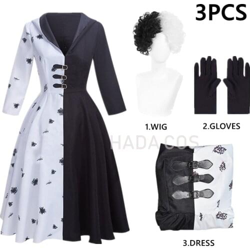 Movie Evil Madame Cruella De Vil Cosplay Costume Adult Women Gown Black White Maid Dress Gloves Hoodie Skirt Halloween Party WIG
