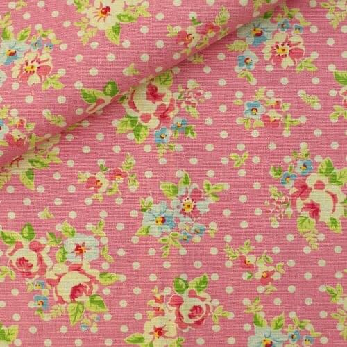 Cotton Linen Fabric for handmad, bed, bag, curtain Sewing - Rose and dot on Pink (LF126)