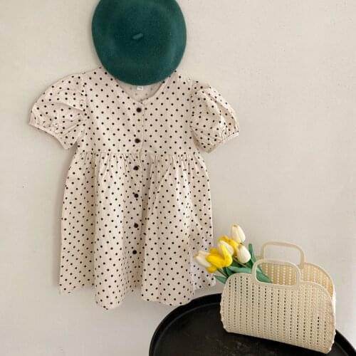 2021 Summer New Toddlers Girls Dress Polka Dots Korean Style Puff Sleeve Baby Kids Cotton Dresses