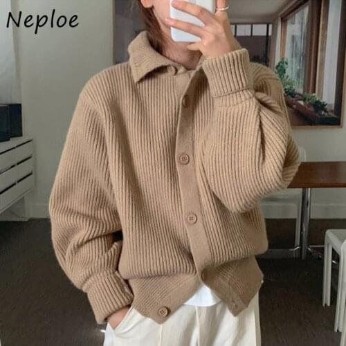 Neploe Korean Chic Autumn Winter Turn-down Collar Cardigans Single Breasted Casual All-match Tops Loose Knitted Sweaters Women