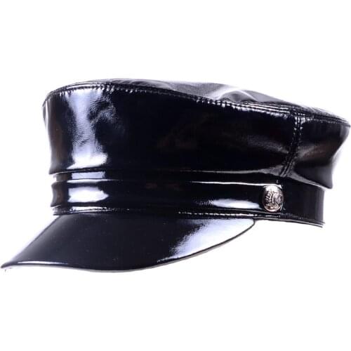 Womens Mens Real leather Patent Leather Shiny Black Beret Newsboy Militry Army/Navy caps/hats