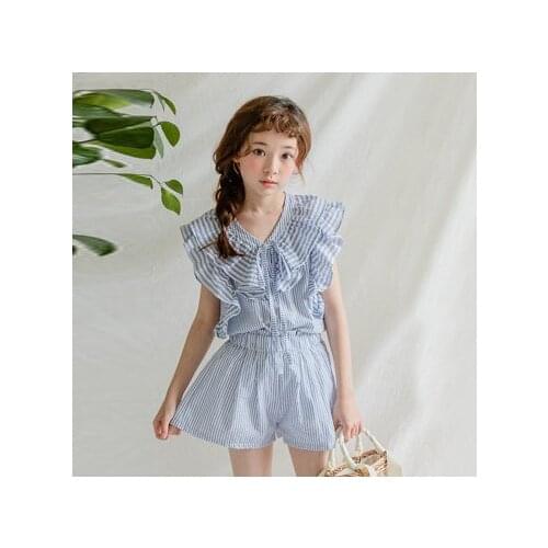 Summer Girls Clothing Sets 2020 New Striped Kids Outfits Big Girls Ruffle Blouse With Casual Loose Shorts Cotton 2PCS Suit