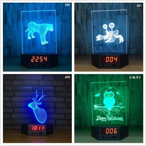 Leopard Crab Deer Owl Shape 3D Illusion Calendar Clock Lamp 7 Colors Changing GRB LED Animal Table Lamp Holiday Night Light