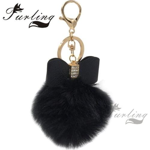 Furling Fashion Faux Fur Pom pom Ball 8cm Soft Gold Metal Pendant Keychain Holder Key Ring Hand Bag Charm DIY Accessory Gift