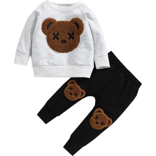 Cute Kids Boys Cartoon Bear 2Pcs Suit Long Sleeve O-Neck Pullover Sweatshirt Top and Elastic Waist Pants for Spring Fall 1-5Y