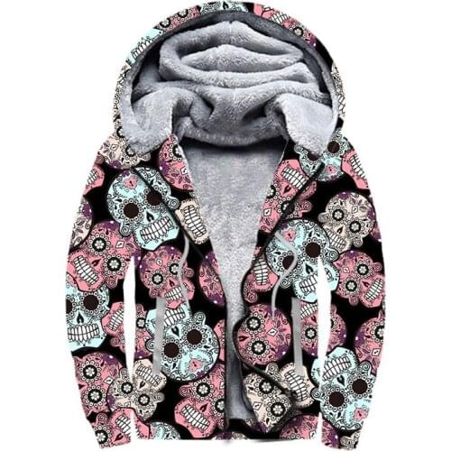 Papertiger Mens Winter Thick Jacket Pink Blue Flower Smile Skull Print 3D Plus Velvet Hoodie