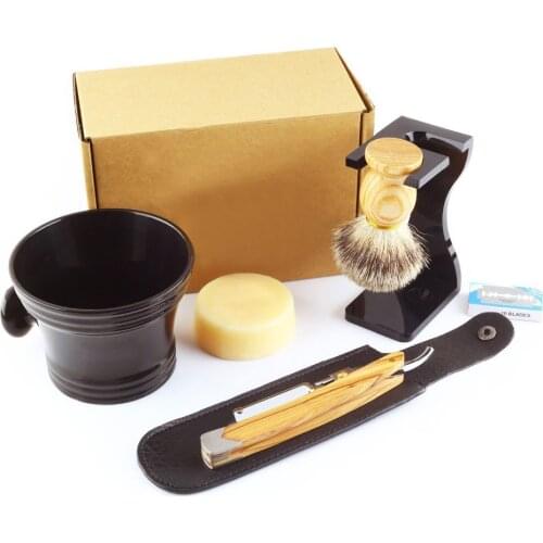 7Pcs/Set Shaving Set Solid Olive Wood Handle Straight Razor Shaving Knife,Silvertip Badger Brush,Stand,Resin bowl,Soap,Blades