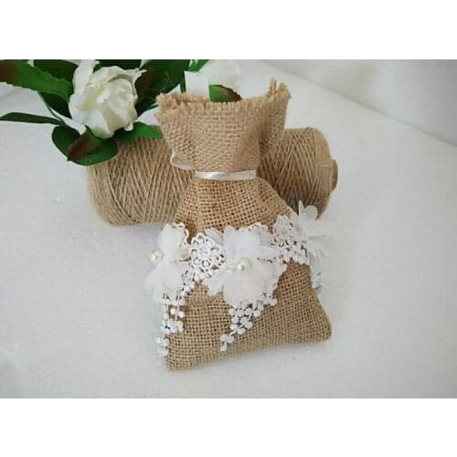 Natural Jute & White Lace Drawstring Favor Pouch Wedding Thank you Small Gift Sack Bag 4 x 6 inches