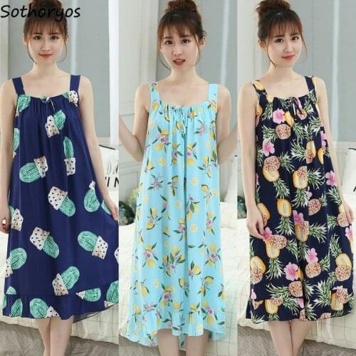 Nightgowns Women Spaghetti Strap Sexy Female Summer Sleeveless Loose Sweet Korean Style Printed Soft Comfortable Ruffle Casual
