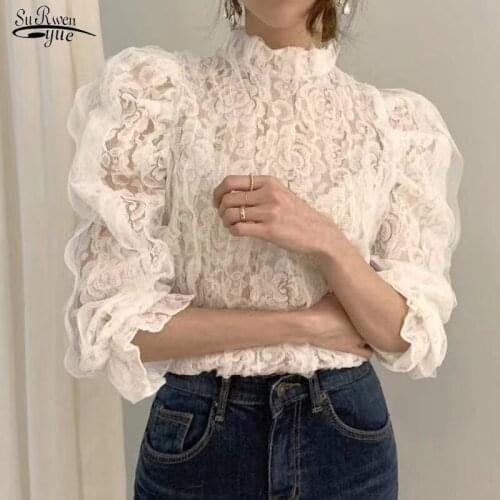 New Fashion Korean Style Lace Blouse Women Office Lady Elegant Solid Lace Tops Stand Collar Pullover Women Clothing Blusas 12511